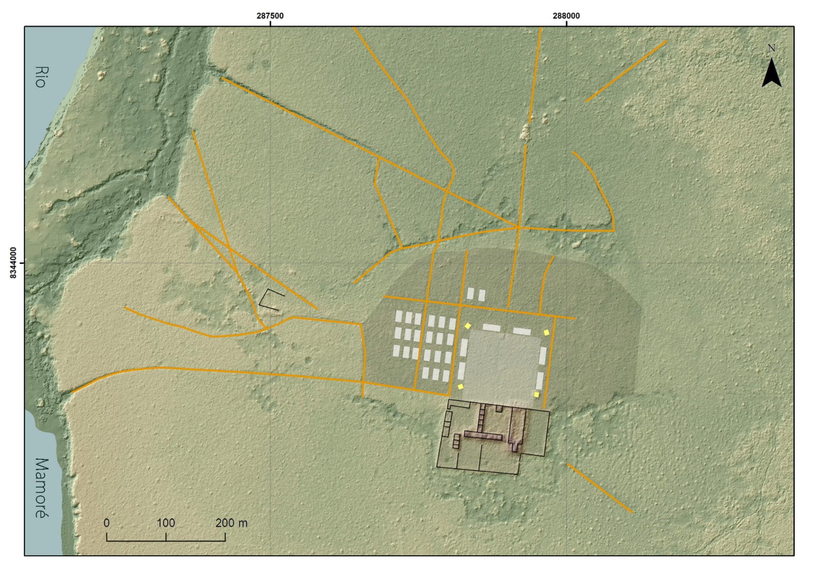 Simulación LiDAR de la segunda ubicación y estructura de la misión de la Santísima Trinidad (1711 - 1769). Ilustración: Heiko Prümers / Instituto Alemán de Arqueología.