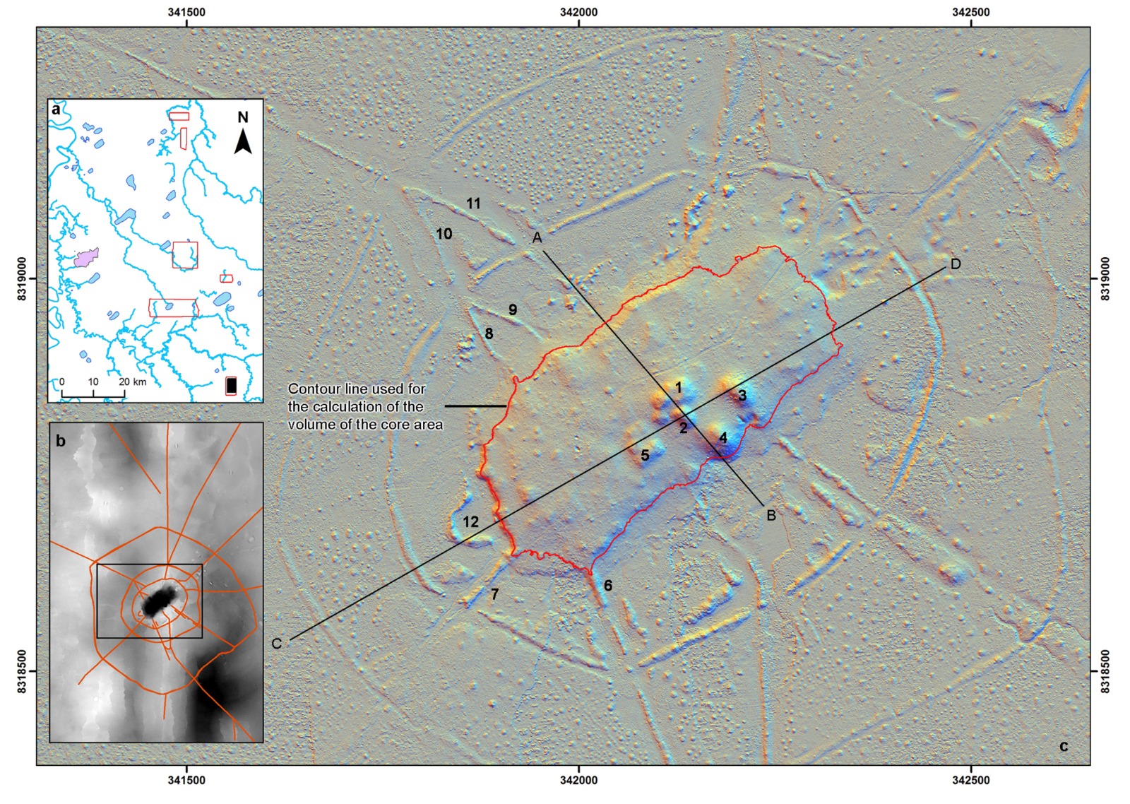 Loma Landívar y sus articulaciones de gran escala identificadas a través de tecnología LiDAR en el municipio de Trinidad. Ilustración: Heiko Prümers / Instituto Alemán de Arqueología.